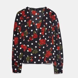 USED ZARA black polka dot printed blouse with red roses
and padded shoulders
